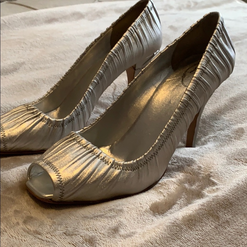 PRADA metallic silver ruched heels